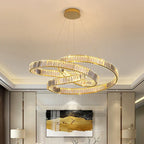 Maison Ornate Art Deco Crystal Chandelier features minimalist LED rings suspended by slim wires.