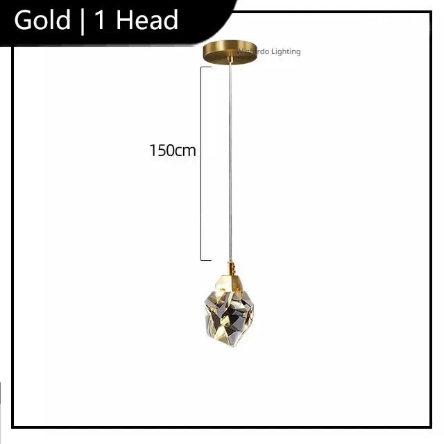 Elegant crystal chandelier with geometric shade, LED lights, gold mount, and 150cm adjustable cord.