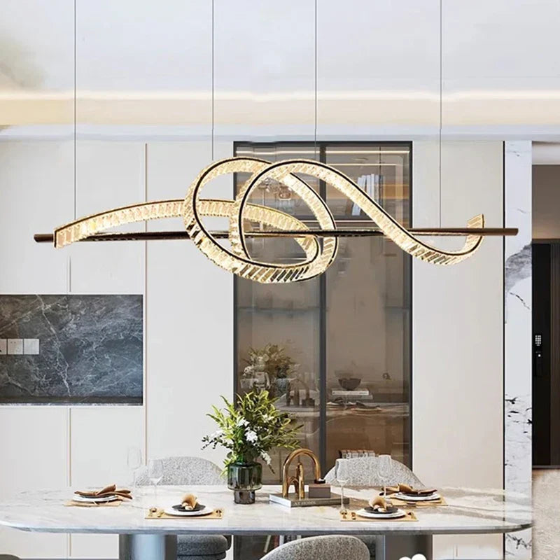 Maison Ornate Elegant Crystal Industrial Chandelier with looping crystal ribbons gracefully suspended from ceiling.