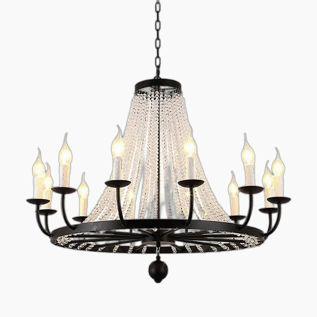 Iron and acrylic chandelier with twelve candle-style bulbs, circular frame, and hanging crystal strands.