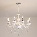 Baroque Nordic chandelier with five candle bulbs, curved glass arms, and crystal accents hanging from a fabric chain.