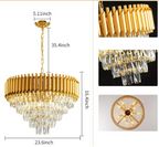 Modern five-level crystal chandelier with sparkling K9 crystals, semi-flush mount, shown from side and bottom.