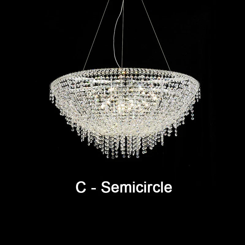 Semicircular modern LED luxury crystal chandelier with cascading strands, suspended by slim wires.