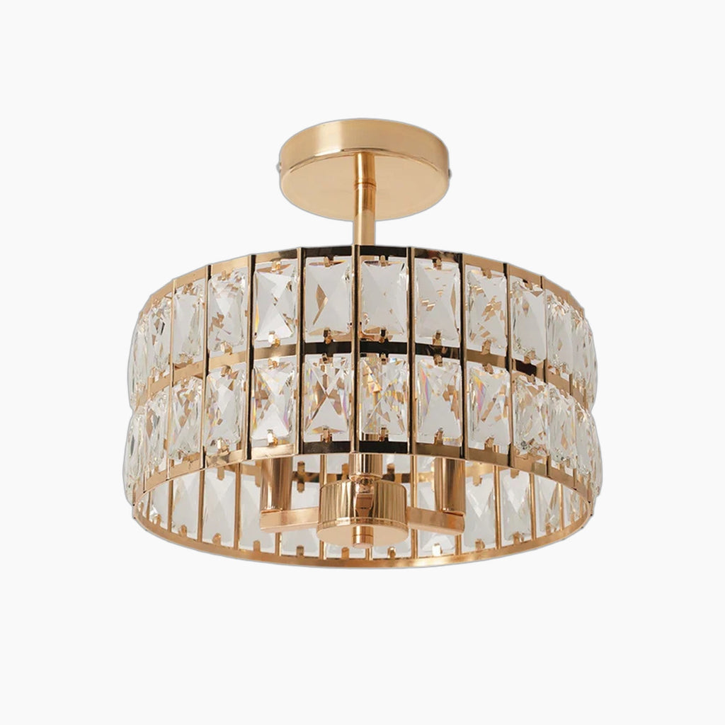 Gold semi-flush chandelier with double rows of rectangular crystals, modern LED-compatible design.