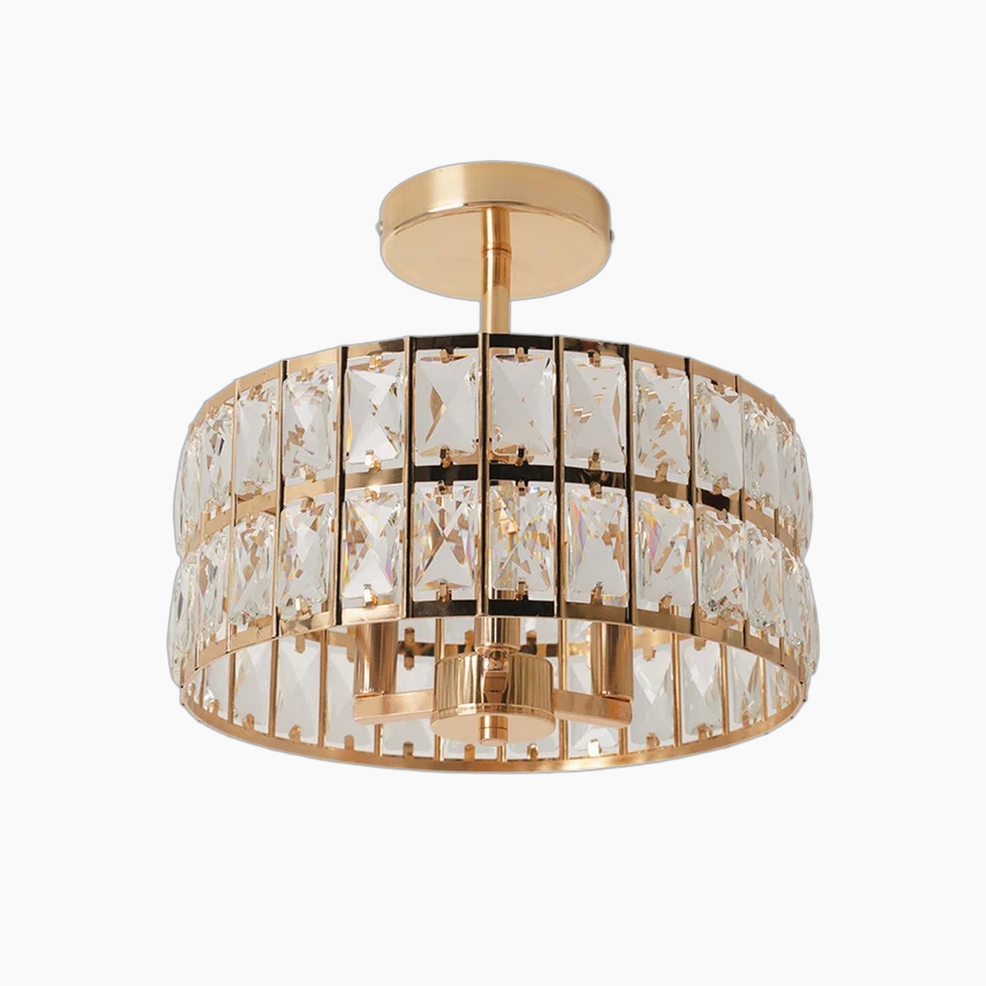 Gold semi-flush chandelier with double rows of rectangular crystals, modern LED-compatible design.