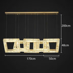 Square gold crystal pendant chandelier with five overlapping LED frames, suspended from matching gold mount.