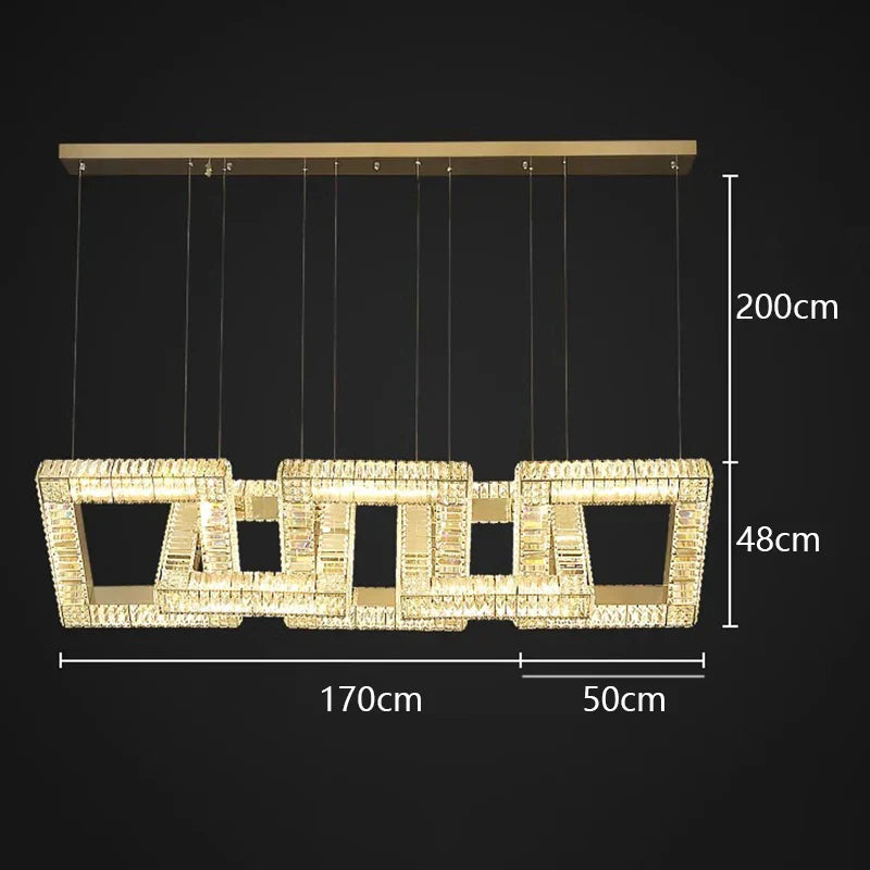 Square gold crystal pendant chandelier with five overlapping LED frames, suspended from matching gold mount.
