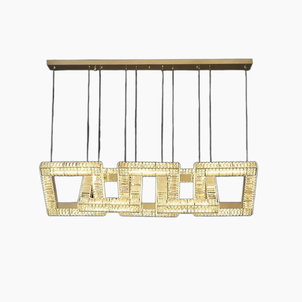 Modern gold crystal chandelier with overlapping illuminated square frames and suspended LED design.