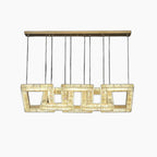 Modern gold crystal chandelier with overlapping illuminated square frames and suspended LED design.
