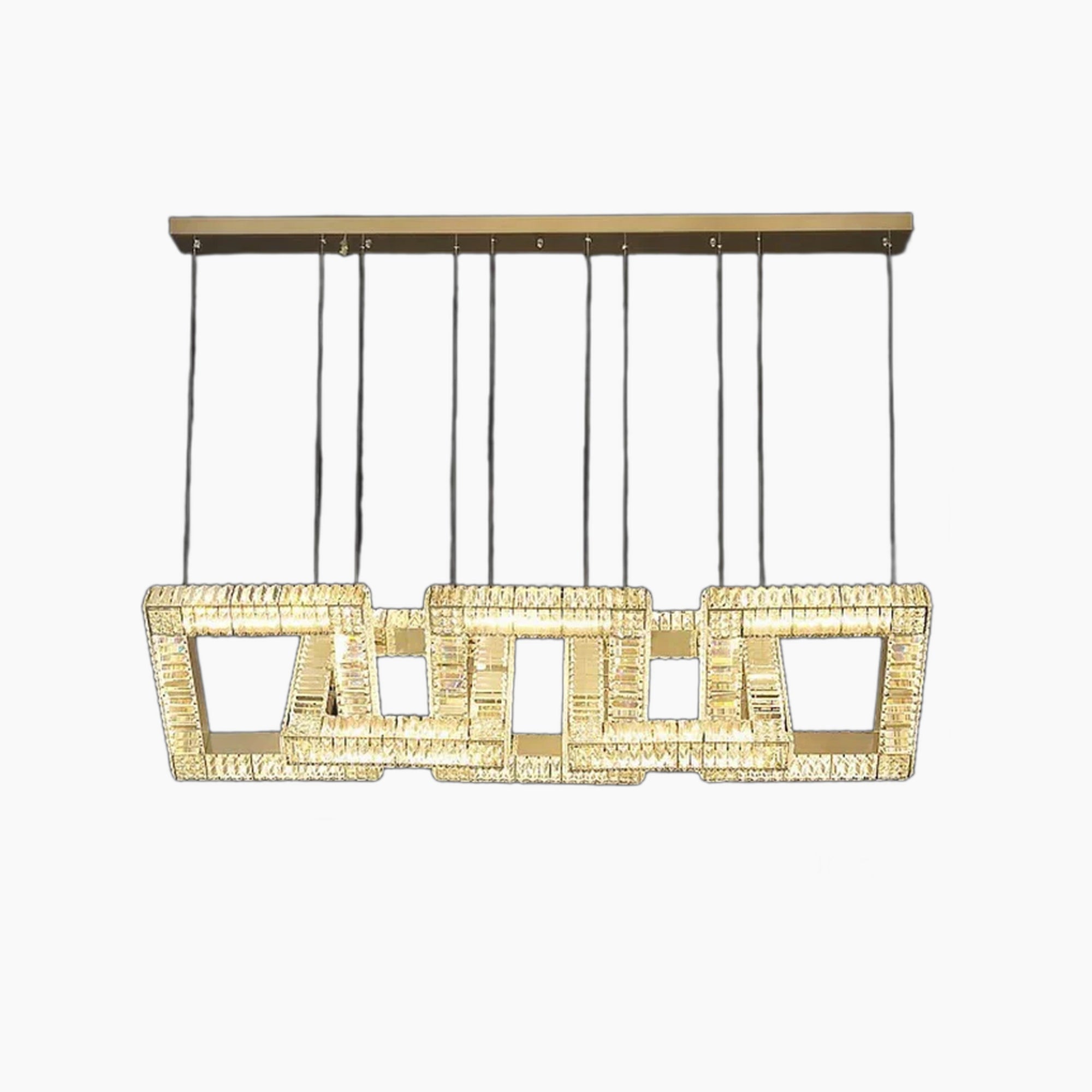 Modern gold crystal chandelier with overlapping illuminated square frames and suspended LED design.