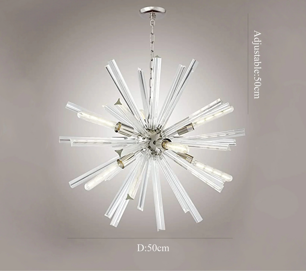 Starburst chandelier with glass rods, exposed bulbs, chrome center; 50cm wide, adjustable hanging length.