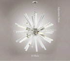 Starburst chandelier with glass rods, exposed bulbs, chrome center; 50cm wide, adjustable hanging length.