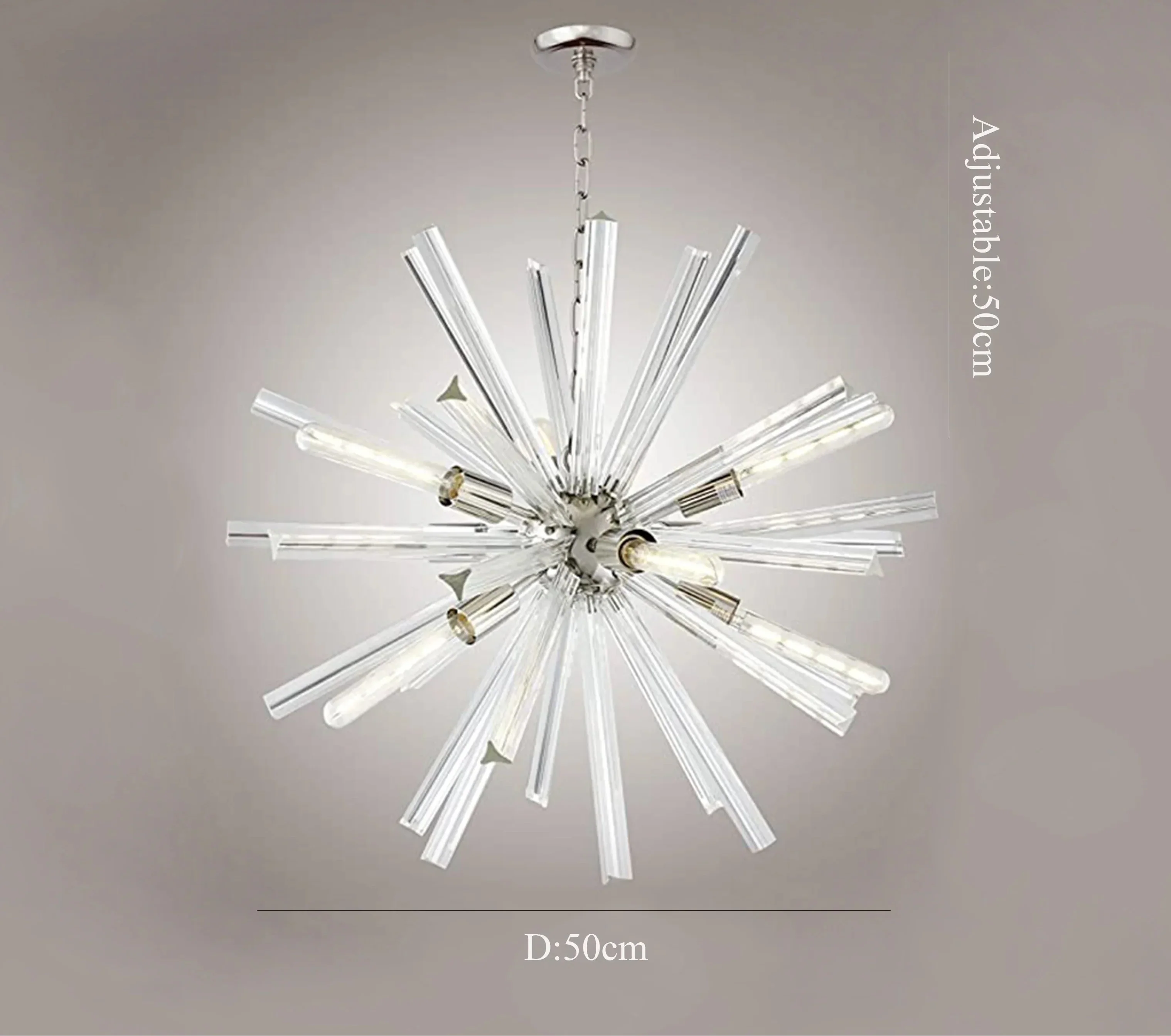 Starburst chandelier with glass rods, exposed bulbs, chrome center; 50cm wide, adjustable hanging length.