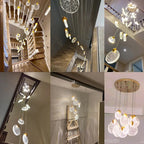 Six-photo collage of Maison Ornate Nordic LED Chandelier’s glass discs and cylindrical lights. Product-only focus.