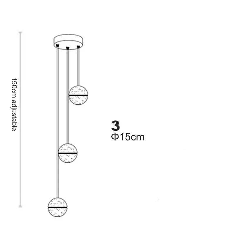 Line drawing of three crystal sphere chandelier shades with rotating LED, suspended from round ceiling mount.
