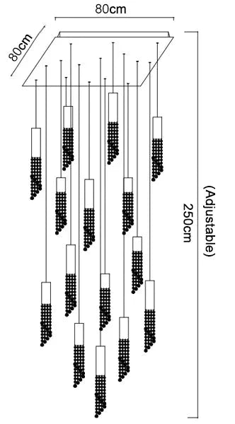 Line drawing of Maison Ornate Modern Crystal Chandelier, 80x80cm, multi-tiered LED pendants, adjustable drop.