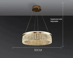 Gold crystal ball chandelier with luxury rings, chain accents, and adjustable suspension wires, 50 cm diameter.
