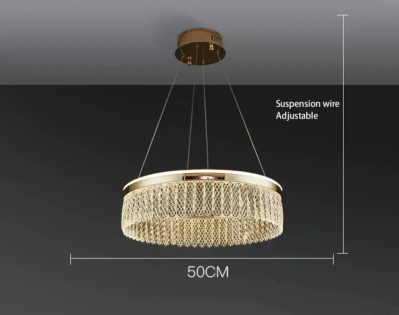 Gold crystal ball chandelier with luxury rings, chain accents, and adjustable suspension wires, 50 cm diameter.