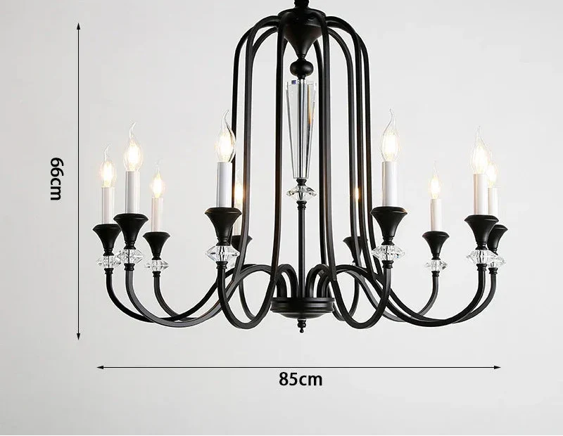 Maison Ornate Vintage Crystal Chandelier with eight candle-style LEDs, black metal, clear crystals. 69x85cm.