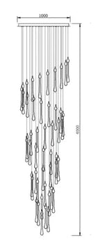 Line drawing of modern crystal chandelier with cascading teardrop pendants, integrated LED, dimensions labeled.
