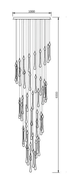 Line drawing of modern crystal chandelier with cascading teardrop pendants, integrated LED, dimensions labeled.