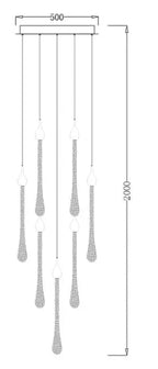 Line drawing of Maison Ornate Modern LED Crystal Chandelier with seven adjustable pendants, 500 mm base, 2000 mm maximum drop.