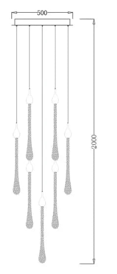 Line drawing of Maison Ornate Modern LED Crystal Chandelier with seven adjustable pendants, 500 mm base, 2000 mm maximum drop.