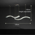 Modern chandelier with two wavy crystal LED bars and stainless steel bands, height adjustable.