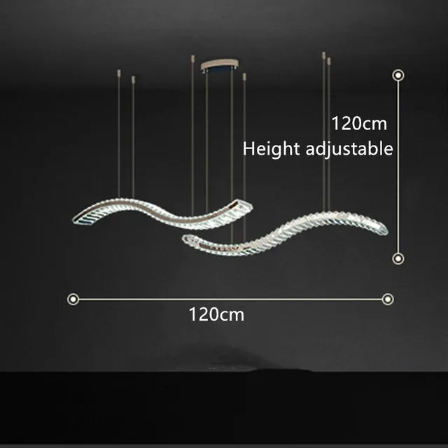 Modern chandelier with two wavy crystal LED bars and stainless steel bands, height adjustable.