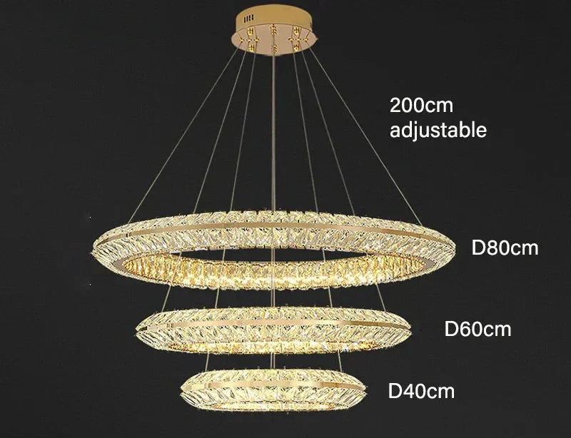 Three-tiered modern crystal LED chandelier with adjustable cables, featuring 80 cm, 60 cm, and 40 cm circular tiers.
