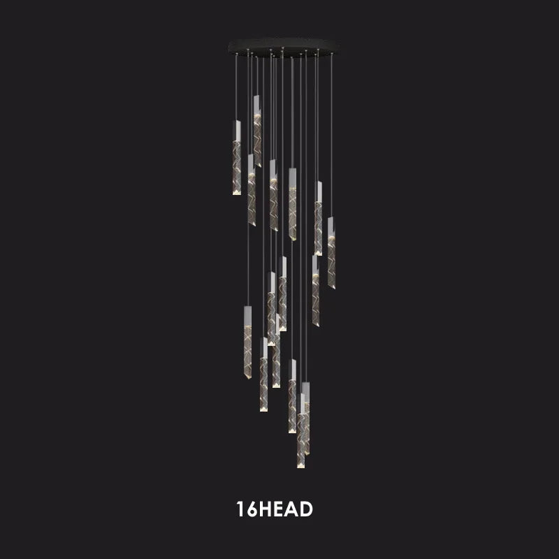 Modern crystal chandelier with chrome frame, 16 cylindrical glass pendants, round black ceiling mount.