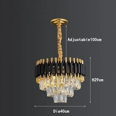 Gold and black luxury chandelier with sparkling K9 crystals, adjustable height, elegant modern design.