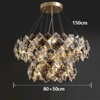 Modern stainless steel chandelier with diamond-shaped crystals on a gold base, LED-lit, elegant design.