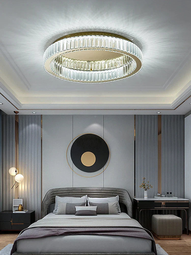 Maison Ornate Dimmable LED Crystal Glass Round Light chandelier with sparkling crystal details.