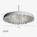 Maison Ornate Crystal Chandelier with minimalist silver frame and hanging crystals, 80x10 cm size.