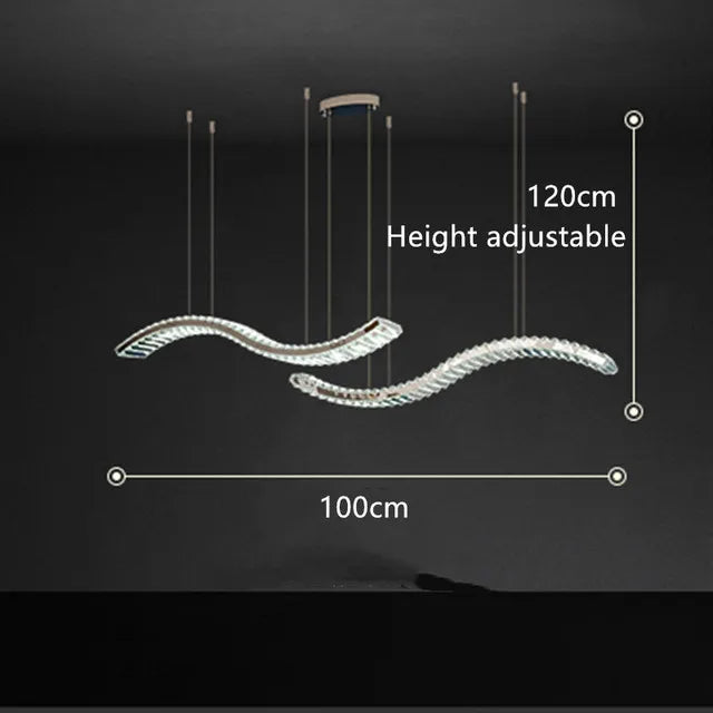 Modern chandelier with two wavy crystal bars, stainless steel bands, and adjustable cables up to 120cm.
