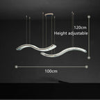 Modern chandelier with two wavy crystal bars, stainless steel bands, and adjustable cables up to 120cm.