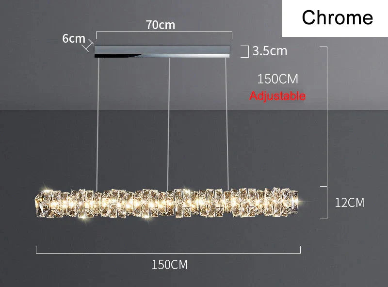 Chrome chandelier with LED crystal rings, dimmable and adjustable, 70cm wide, 150cm suspension.