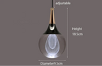 Teardrop-shaped black and gold LED crystal chandelier with adjustable suspension, 18.5x9.5 cm size.