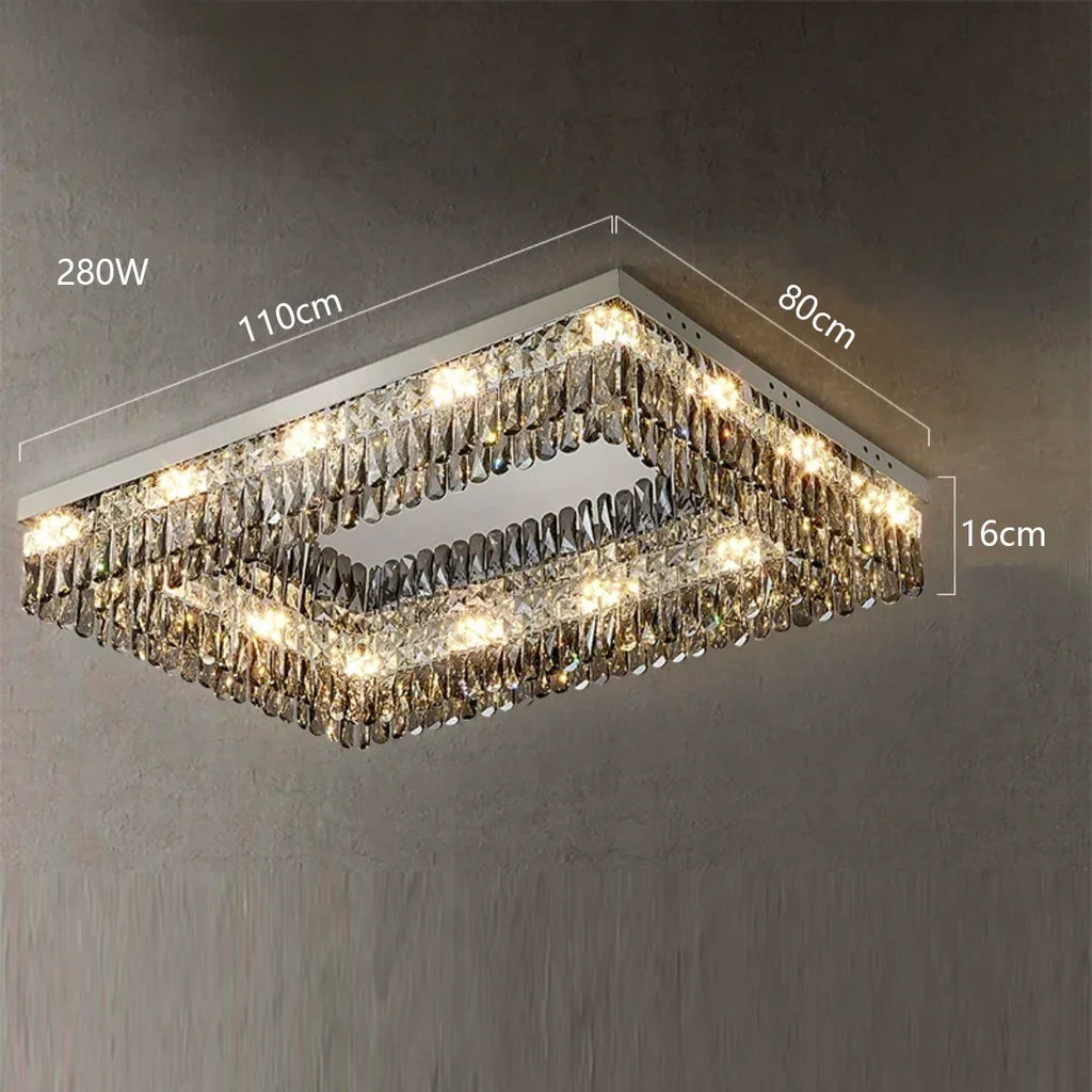 Modern crystal chandelier with dual layers, bright LEDs, gray mount; elegant design, 110x80x16cm.