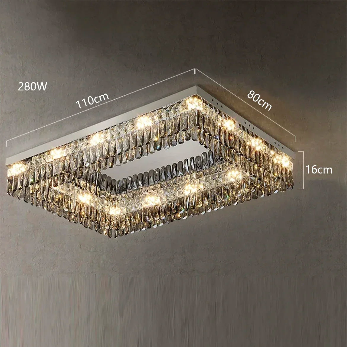 Modern crystal chandelier with dual layers, bright LEDs, gray mount; elegant design, 110x80x16cm.