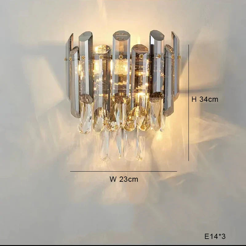 Maison Ornate K9 Crystal Chandelier with vertical rods, crystal pendants; dimmable, 34x23cm, three E14 bulbs.