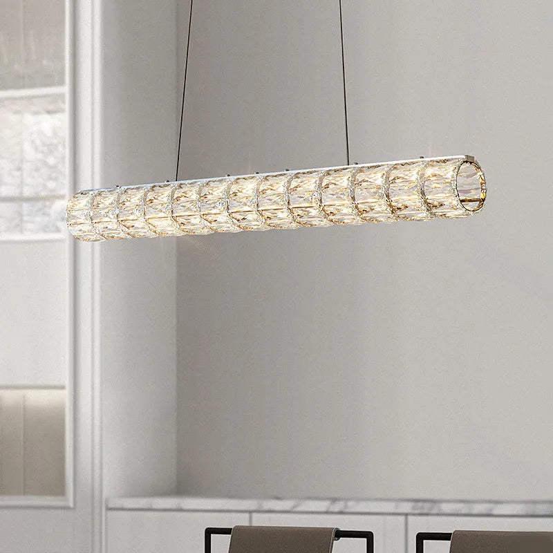 Maison Ornate K9 Crystal LED Chandelier with sleek cylindrical design and two slim suspension wires.