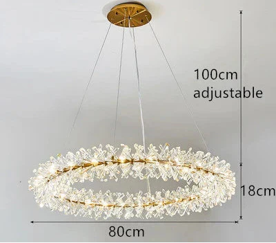 Gold Maison Ornate Crystal Hallway Chandelier with light rings, floral elements, adjustable suspension wires.
