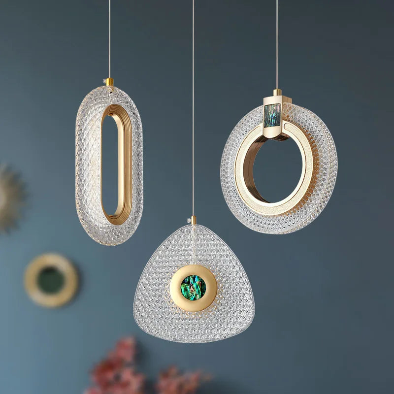 Maison Ornate Art Deco Crystal Chandelier with gold, emerald accents, three glass geometric pendants.