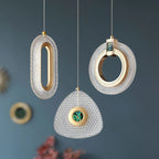 Maison Ornate Art Deco Crystal Chandelier with gold, emerald accents, three glass geometric pendants.