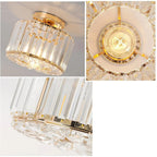 Gold iron chandelier with vertical crystal bars, shown side, bottom, and close-up to highlight design.