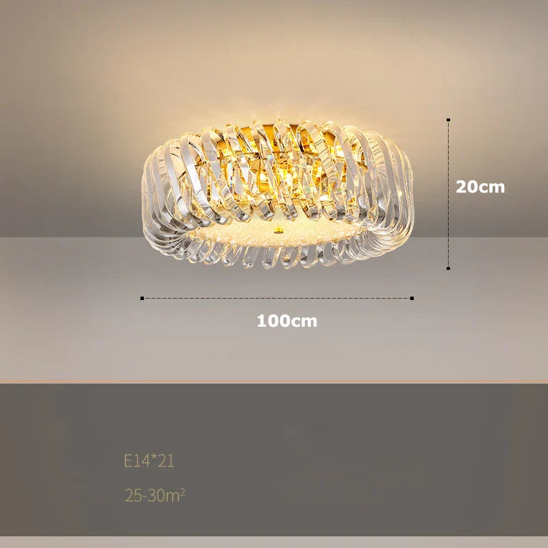 Modern round crystal chandelier with ribbed clear glass, warm LEDs, 100 cm wide, 21 E14 bulbs.
