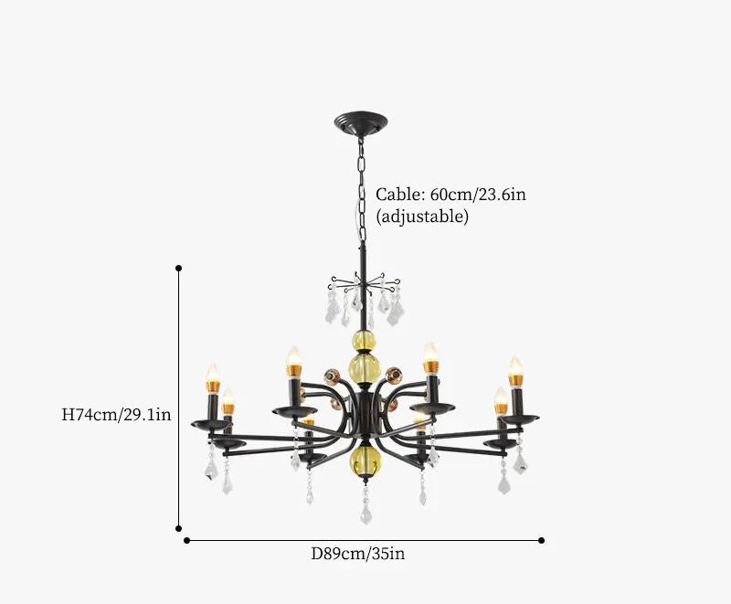 Elegant crystal chandelier with eight candle-style LEDs, gold accents, hanging crystals, and adjustable cable.