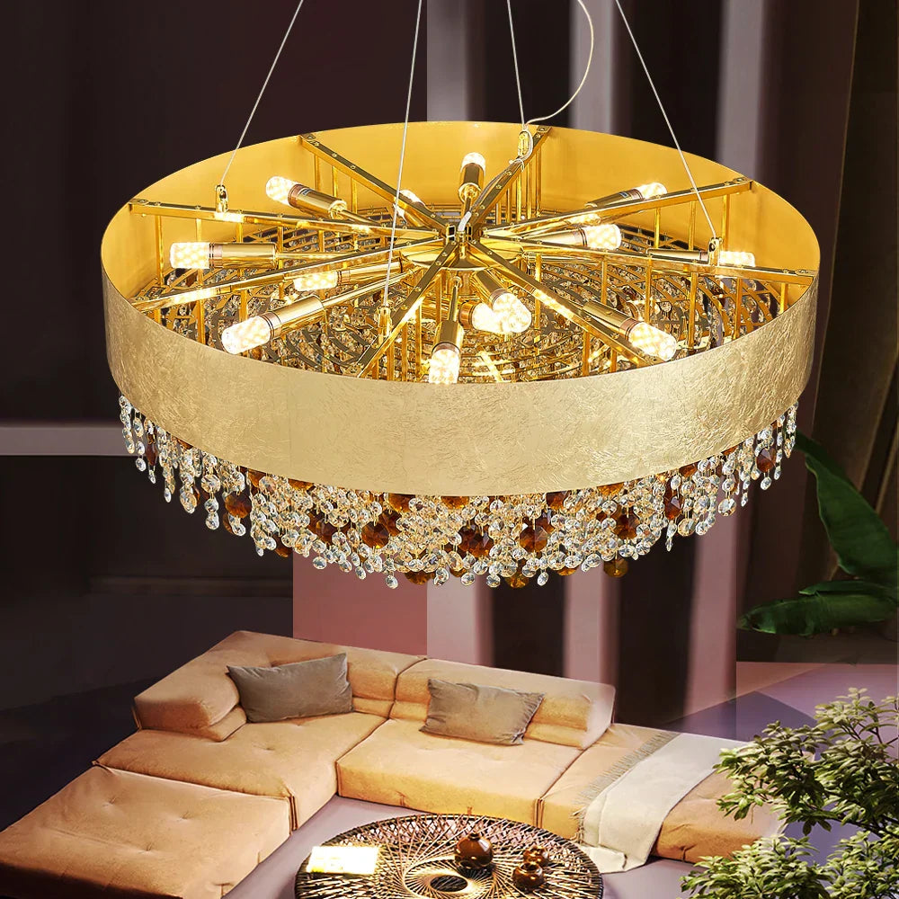 Maison Ornate Modern Dimmable Gold Crystal Glass LED chandelier with warm, elegant illumination.